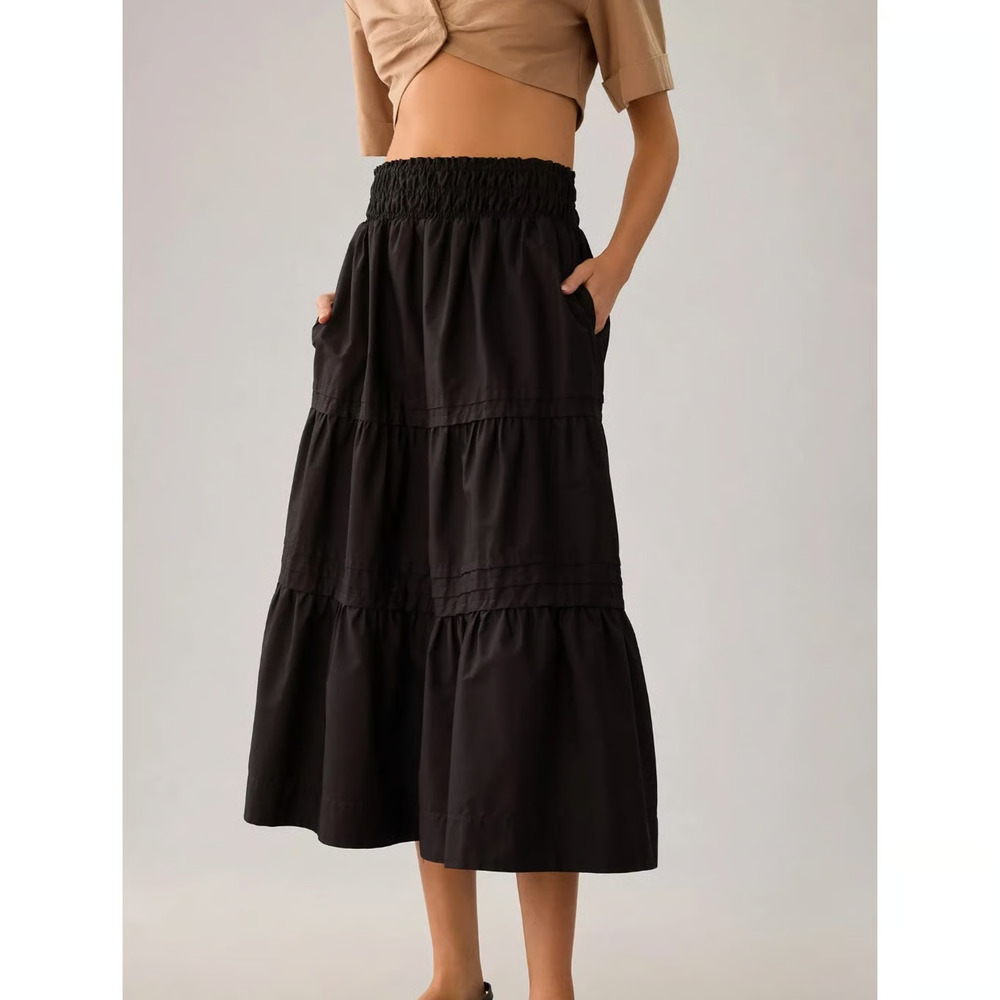 Anthropologie Maeve Black Tiered Smocked Midi/Maxi Skirt 100% Cotton L A010446